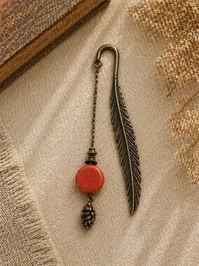 Antique Bronze Feather Bookmark Ceramic Bead Book Lover Gift